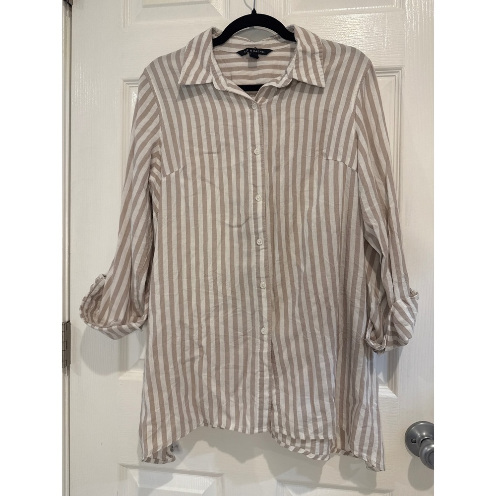 Zac & Rachel‎ Striped Tunic Top Button Down 3/4 Sleeve Collared Beige Large